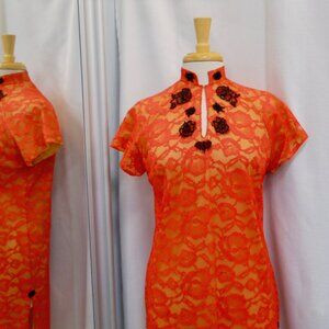 Vintage 1960s Flame Red Lace Cheong Sam Qipao Dress